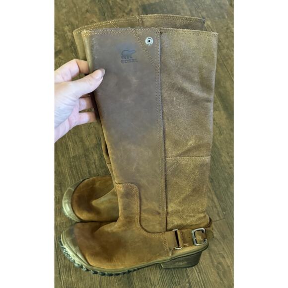 Sorel Boots Womens 7 Emelie Tall Riding Brown Leather Side Zip Knee High Block - Picture 1 of 6